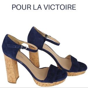 Pour la Victoire 8 navy suede cork platform heel